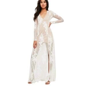 Missguided White Nude Embroidered Mesh Plunge Maxi Dress NWT